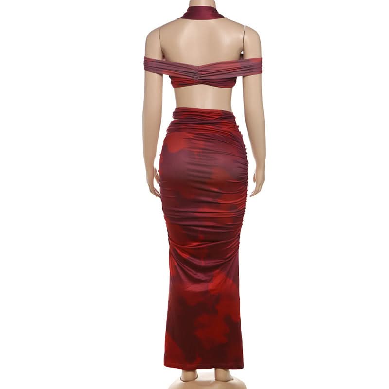 Halter ruched hollow out print v neck maxi skirt set  | Festival Outfits Women