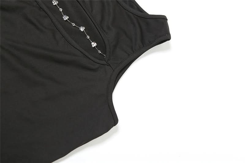 Crewneck hollow out metal chain solid cut out top  | Festival Outfits Women