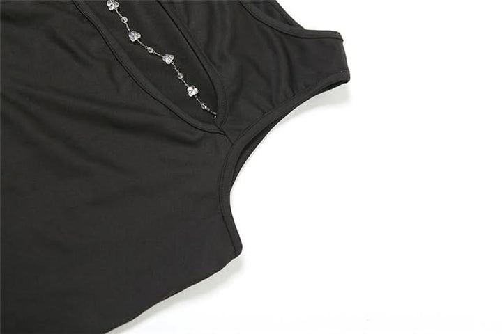 Crewneck hollow out metal chain solid cut out top  | Festival Outfits Women