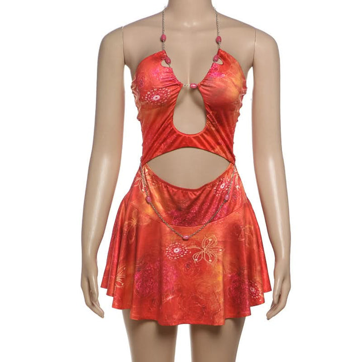 Metal chain halter hollow out print cut out mini dress  | Festival Outfits Women-final-sale