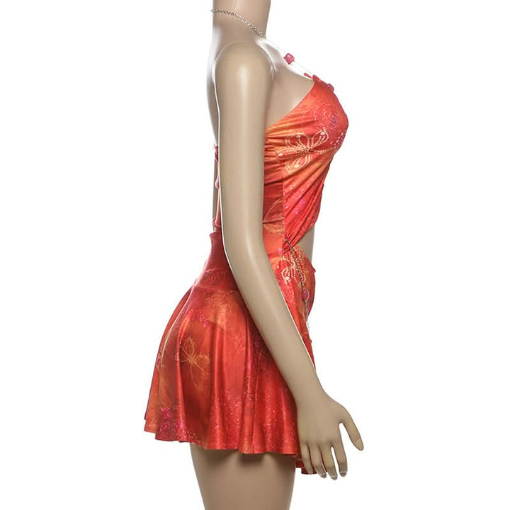 Metal chain halter hollow out print cut out mini dress  | Festival Outfits Women-final-sale