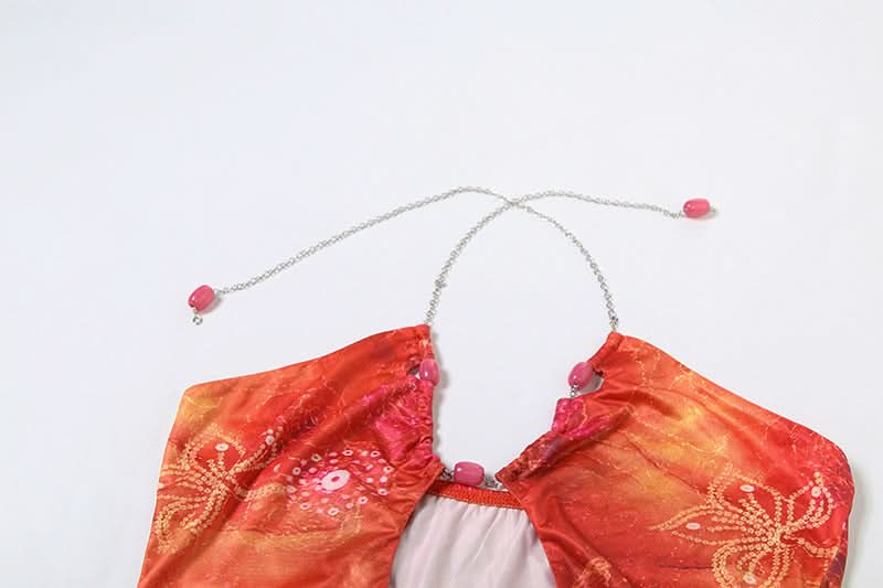 Metal chain halter hollow out print cut out mini dress  | Festival Outfits Women-final-sale