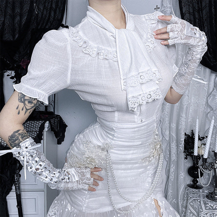 Puff sleeve lace hem button top  | Festival Outfits Women