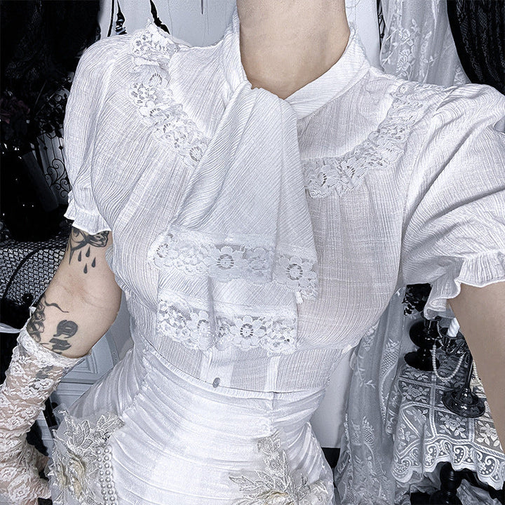 Puff sleeve lace hem button top  | Festival Outfits Women