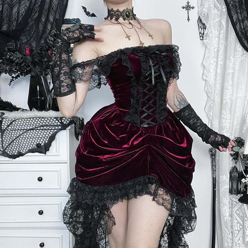 Off shoulder lace hem velvet ruched mini dress  | Festival Outfits Women-final-sale