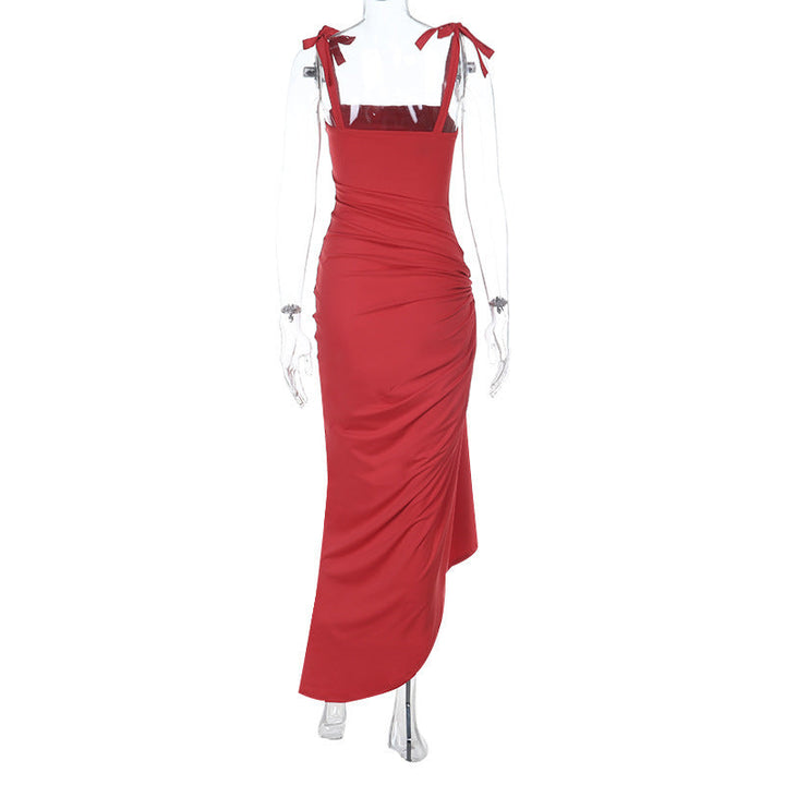 Square neck ruched high slit cami maxi dress  | Festival Outfits Women