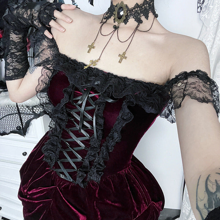 Off shoulder lace hem velvet ruched mini dress  | Festival Outfits Women-final-sale