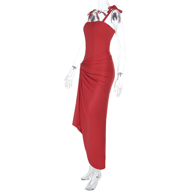 Square neck ruched high slit cami maxi dress  | Festival Outfits Women
