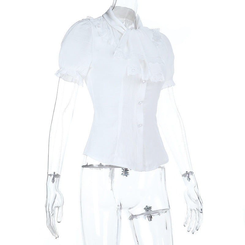 Puff sleeve lace hem button top  | Festival Outfits Women