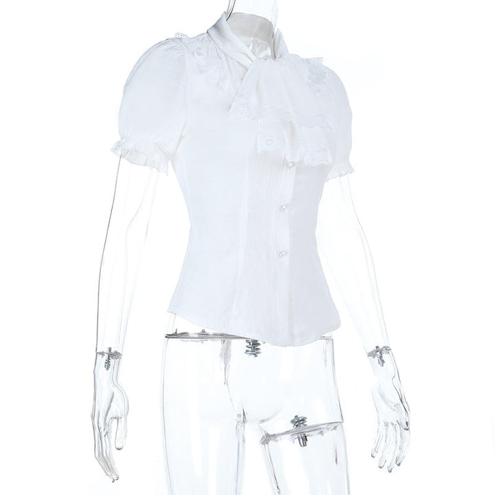 Puff sleeve lace hem button top  | Festival Outfits Women