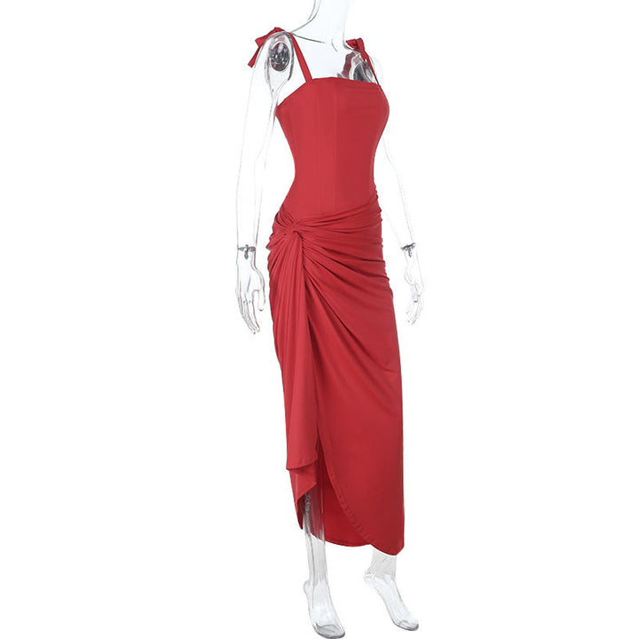 Square neck ruched high slit cami maxi dress  | Festival Outfits Women