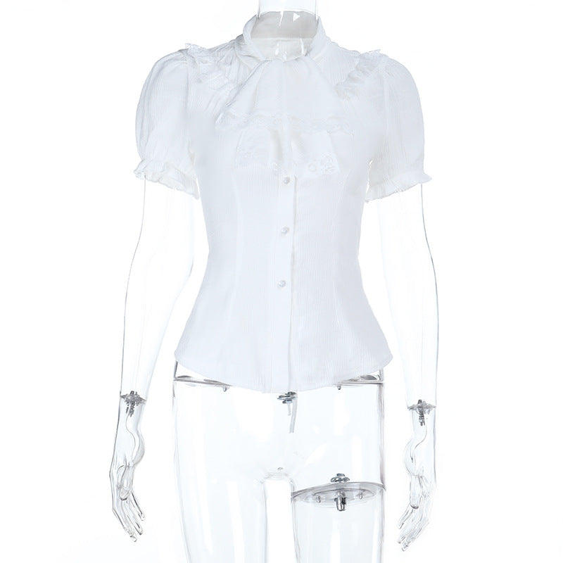 Puff sleeve lace hem button top  | Festival Outfits Women