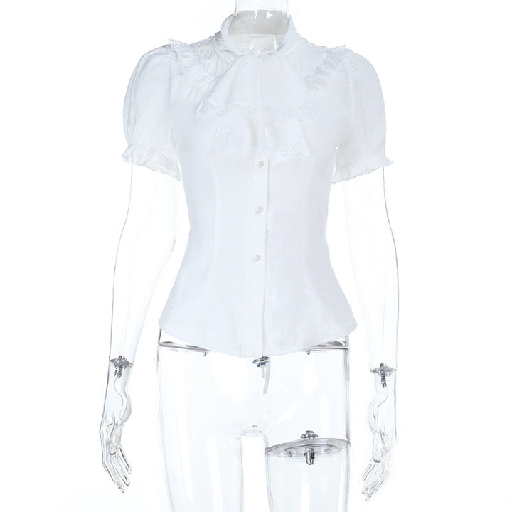 Puff sleeve lace hem button top  | Festival Outfits Women