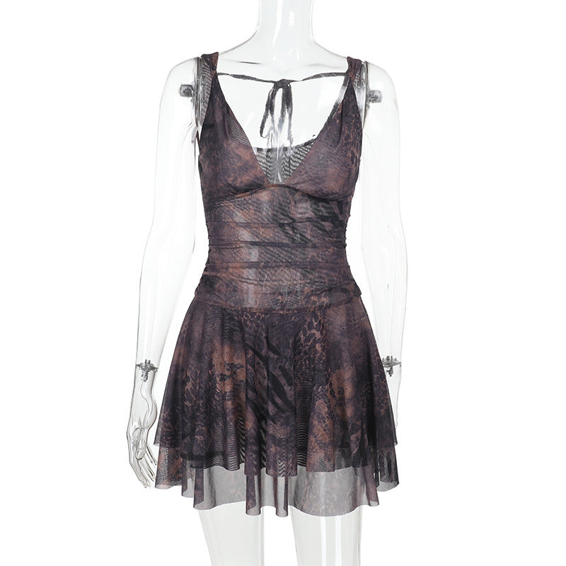 V neck print mesh cami mini dress  | Festival Outfits Women