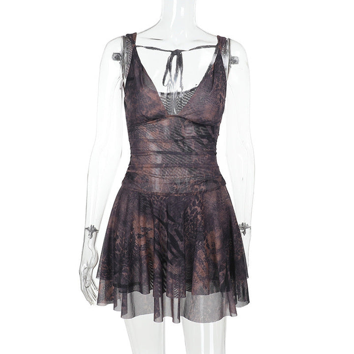 V neck print mesh cami mini dress  | Festival Outfits Women