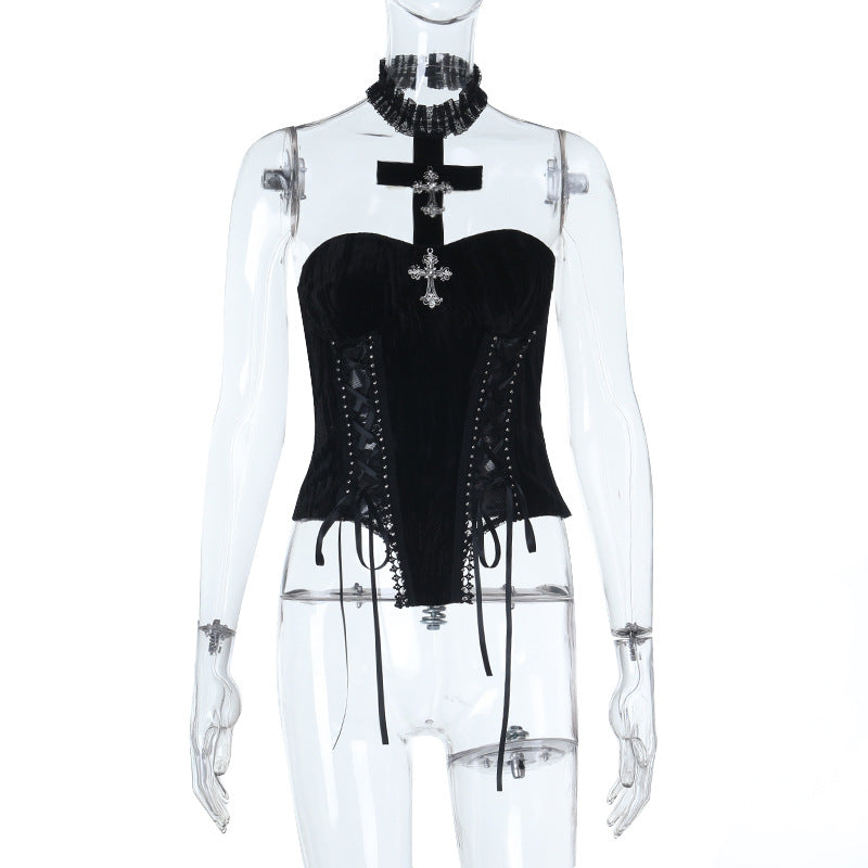 Halter cross pattern velvet lace up top  | Festival Outfits Women-final-sale