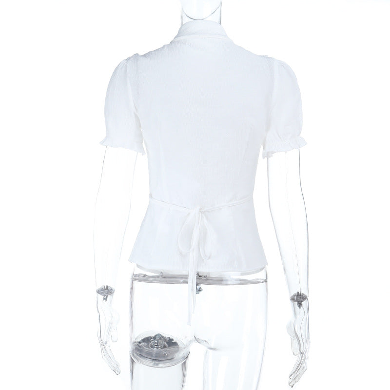 Puff sleeve lace hem button top  | Festival Outfits Women