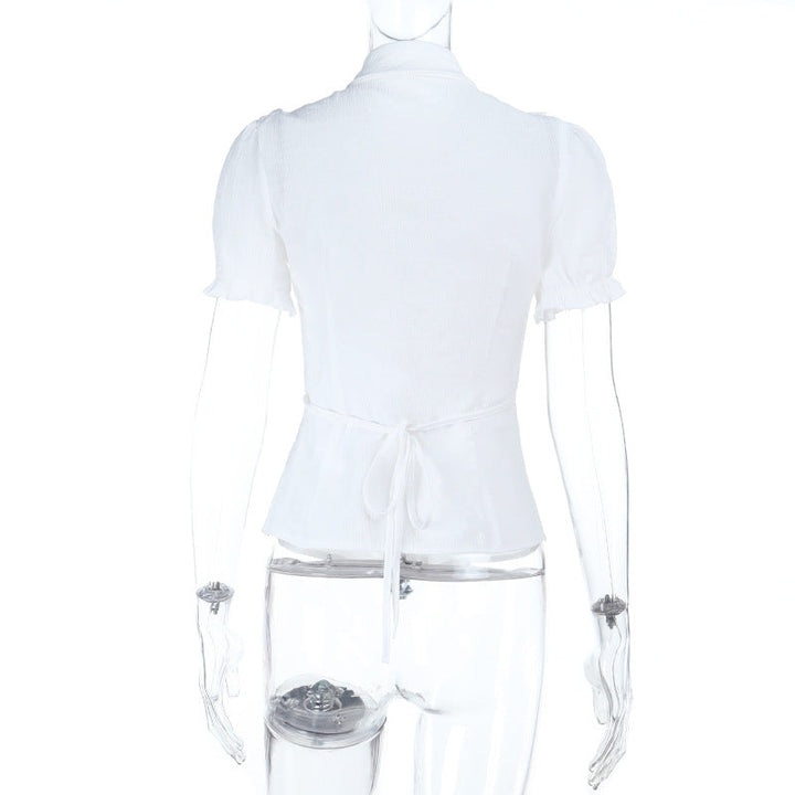 Puff sleeve lace hem button top  | Festival Outfits Women