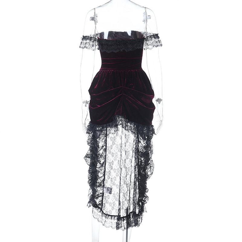 Off shoulder lace hem velvet ruched mini dress  | Festival Outfits Women-final-sale