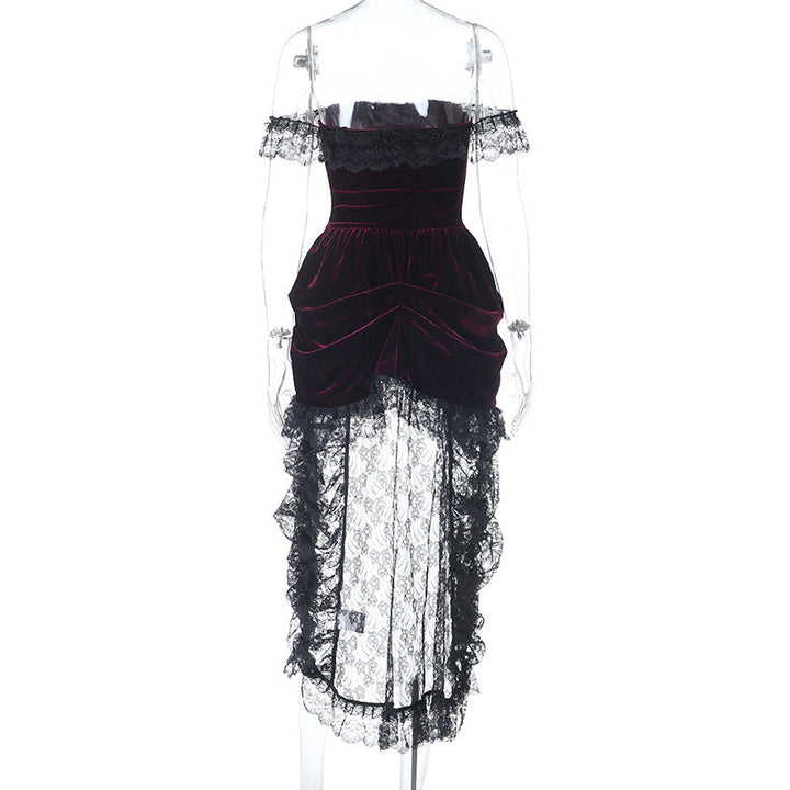 Off shoulder lace hem velvet ruched mini dress  | Festival Outfits Women-final-sale