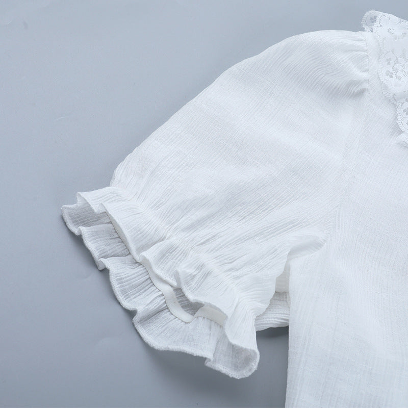 Puff sleeve lace hem button top  | Festival Outfits Women
