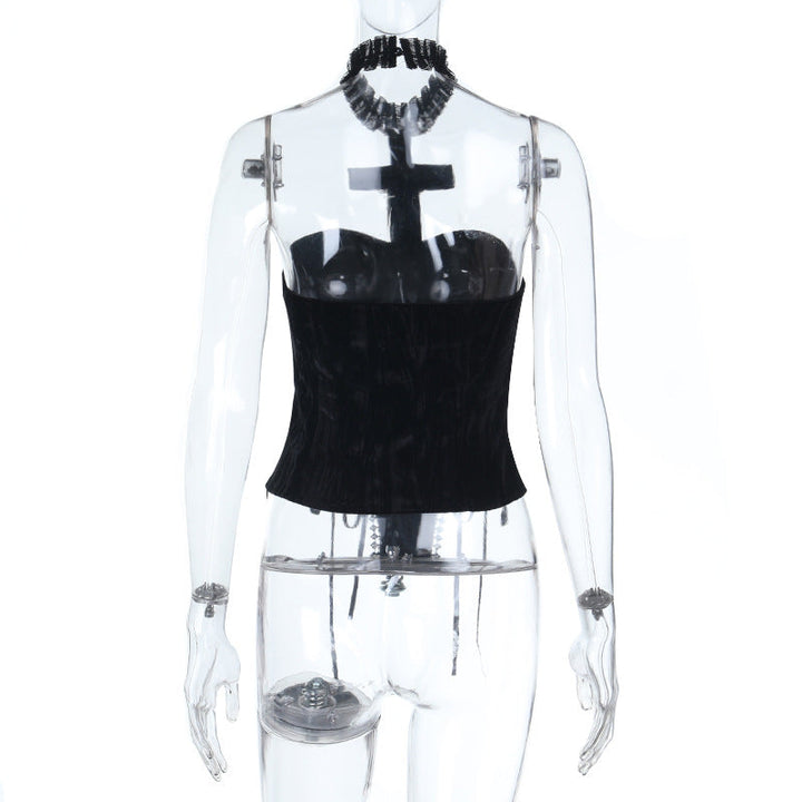 Halter cross pattern velvet lace up top  | Festival Outfits Women-final-sale