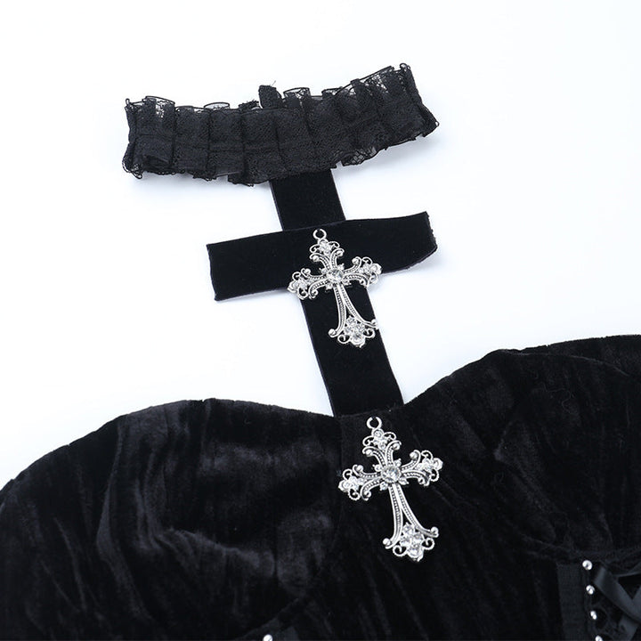 Halter cross pattern velvet lace up top  | Festival Outfits Women-final-sale