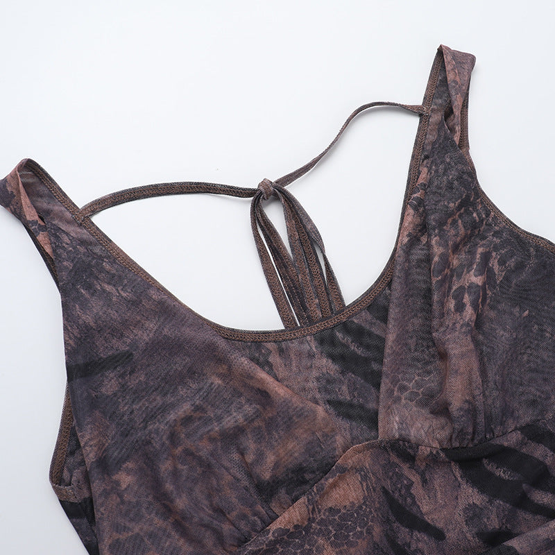 V neck print mesh cami mini dress  | Festival Outfits Women