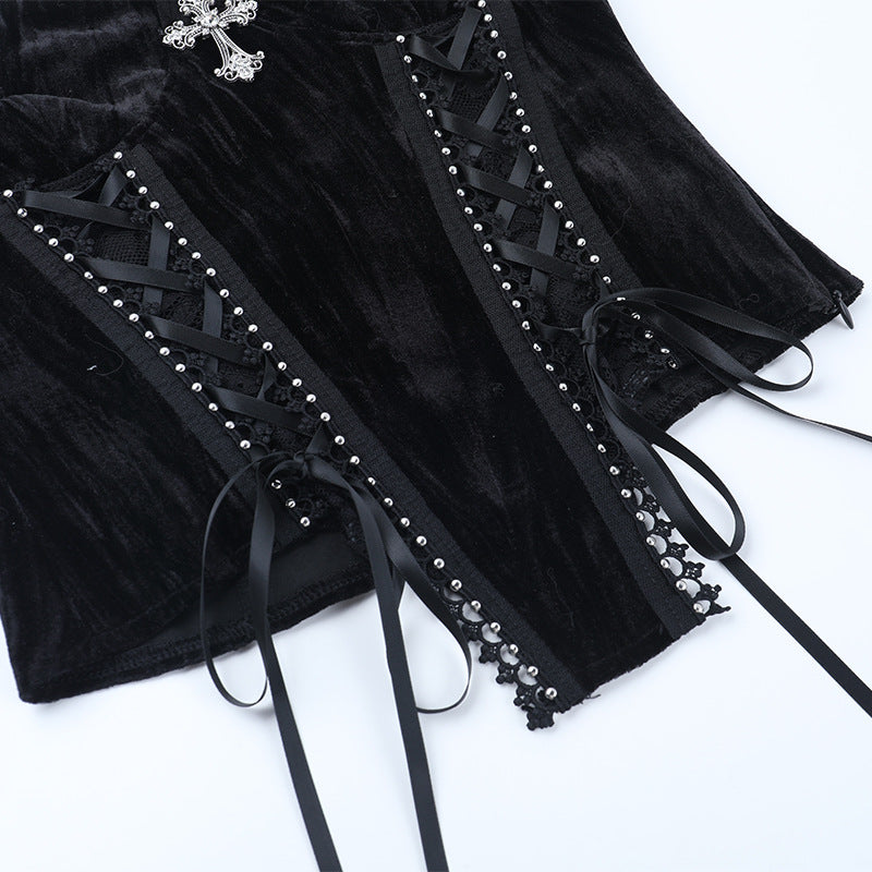 Halter cross pattern velvet lace up top  | Festival Outfits Women-final-sale