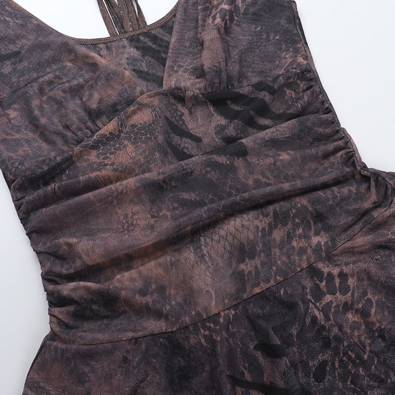 V neck print mesh cami mini dress  | Festival Outfits Women