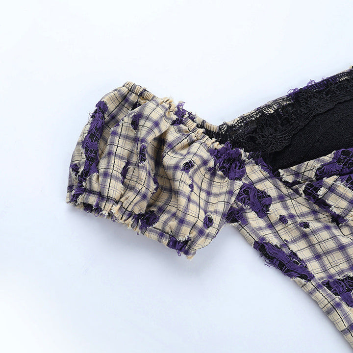 Off shoulder plaid print lace hem top  | Festival Outfits Women