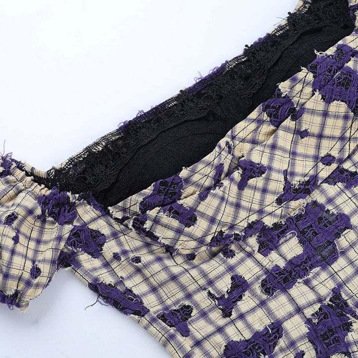 Off shoulder plaid print lace hem top  | Festival Outfits Women
