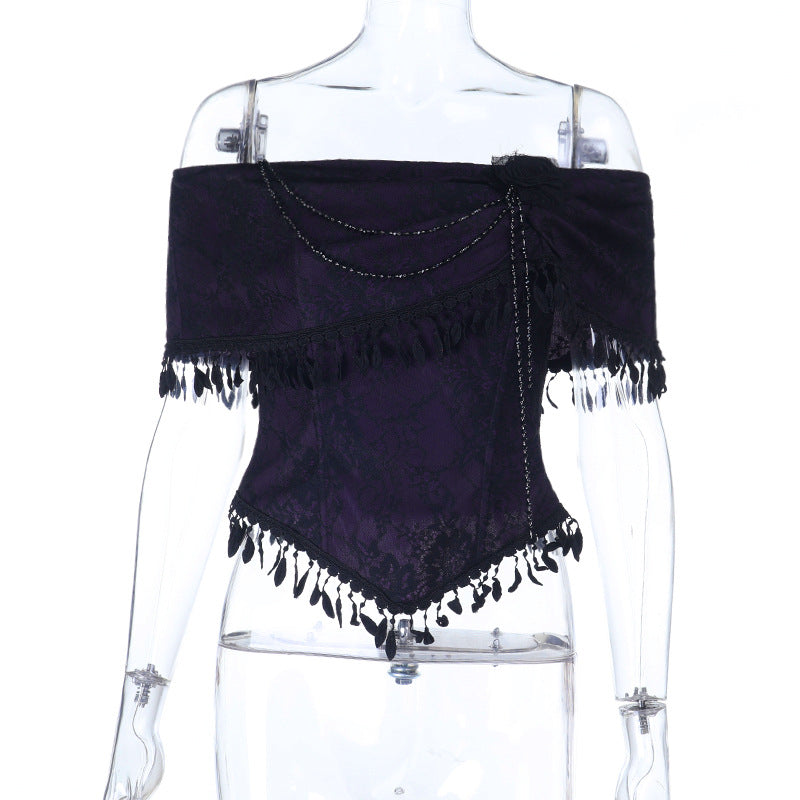 Off shoulder tassels beaded ruched top  | Festival Outfits Women