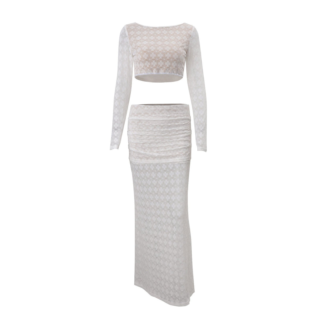 Long sleeve lace crewneck crop maxi skirt set  | Festival Outfits Women