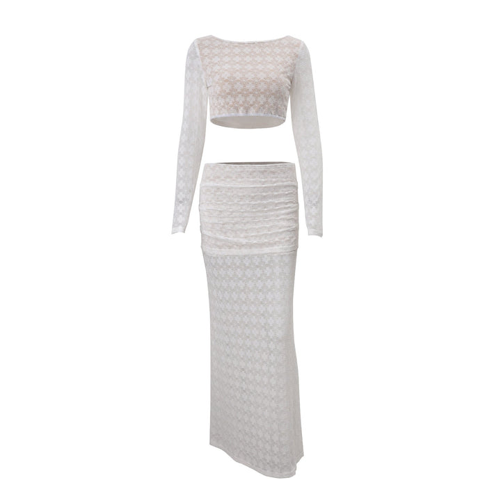 Long sleeve lace crewneck crop maxi skirt set  | Festival Outfits Women