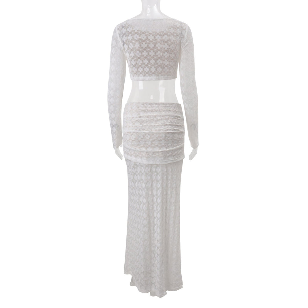 Long sleeve lace crewneck crop maxi skirt set  | Festival Outfits Women