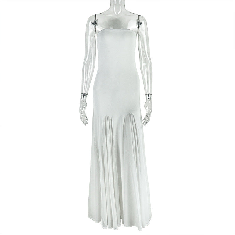 Mesh patchwork solid tube maxi dress  | Festival Outfits Women