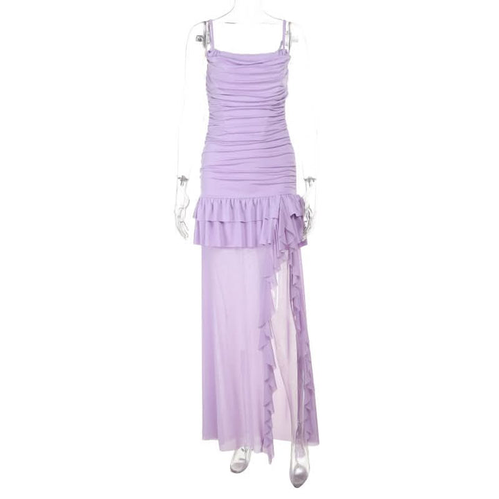 Ruched slit ruffle mesh cami maxi dress  | Festival Outfits Women