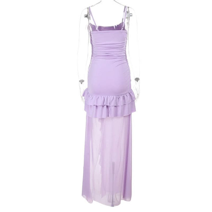 Ruched slit ruffle mesh cami maxi dress  | Festival Outfits Women