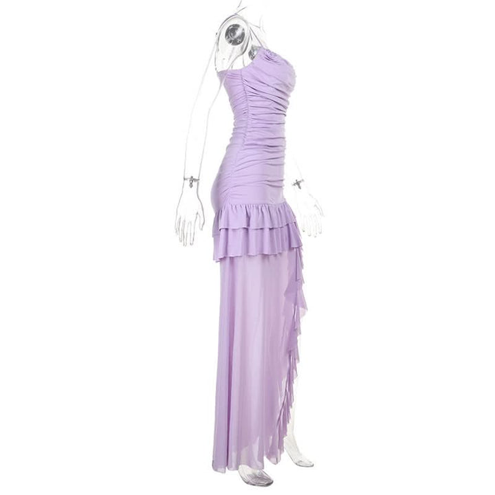 Ruched slit ruffle mesh cami maxi dress  | Festival Outfits Women