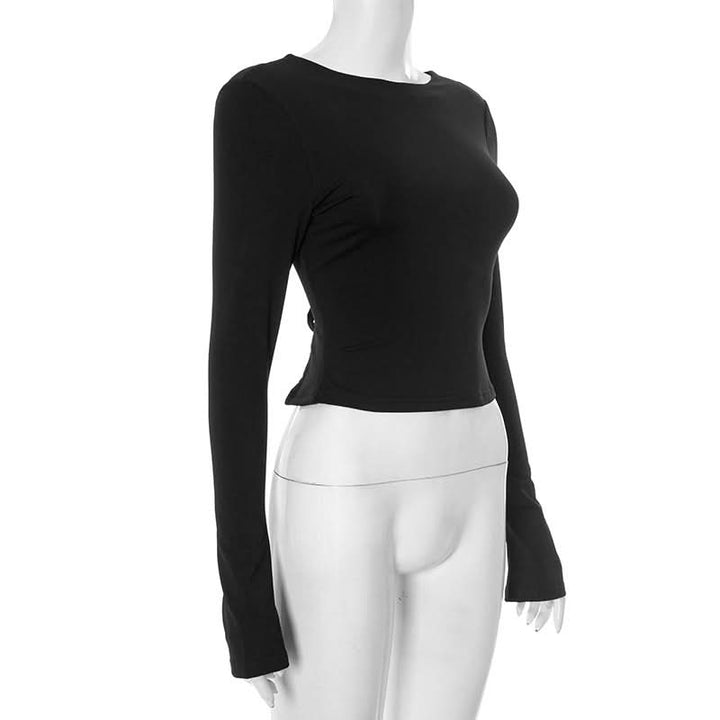 Long sleeve crewneck self tie backless top  | Festival Outfits Women