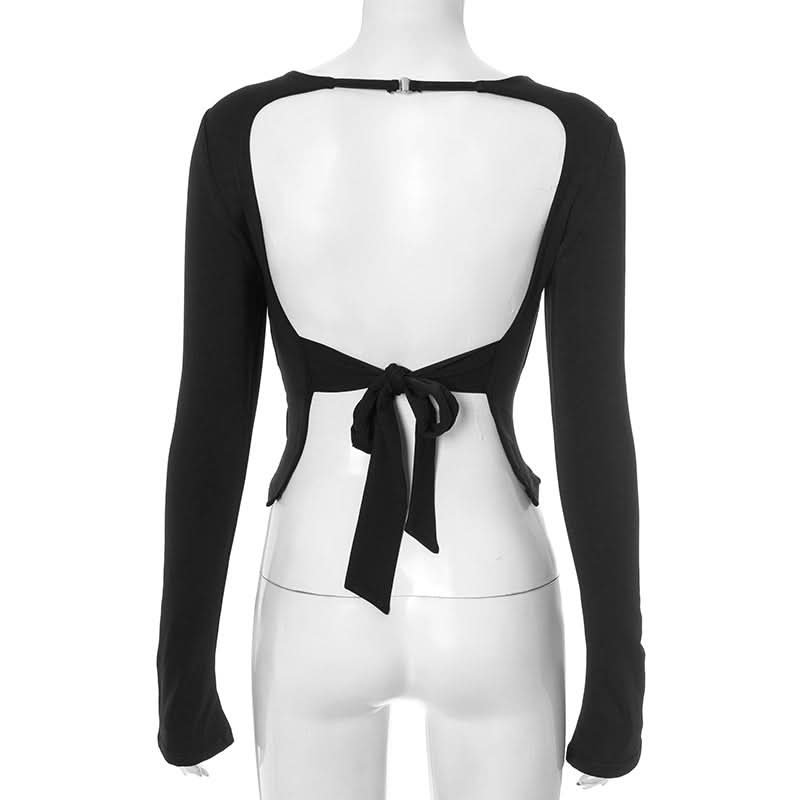 Long sleeve crewneck self tie backless top  | Festival Outfits Women