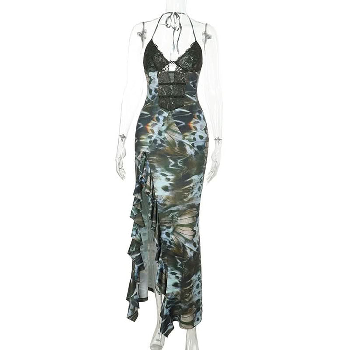 Halter self tie ruffle print v neck maxi dress  | Festival Outfits Women