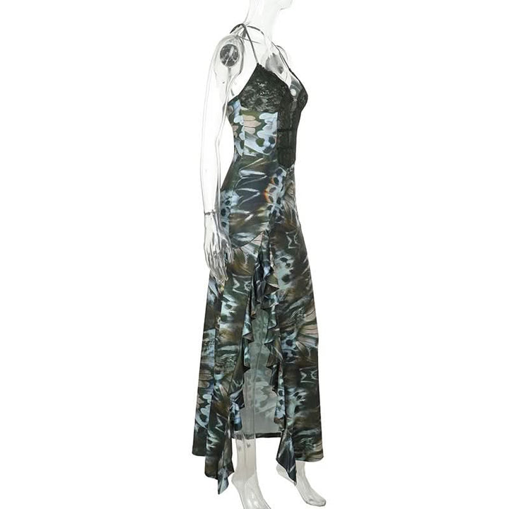 Halter self tie ruffle print v neck maxi dress  | Festival Outfits Women