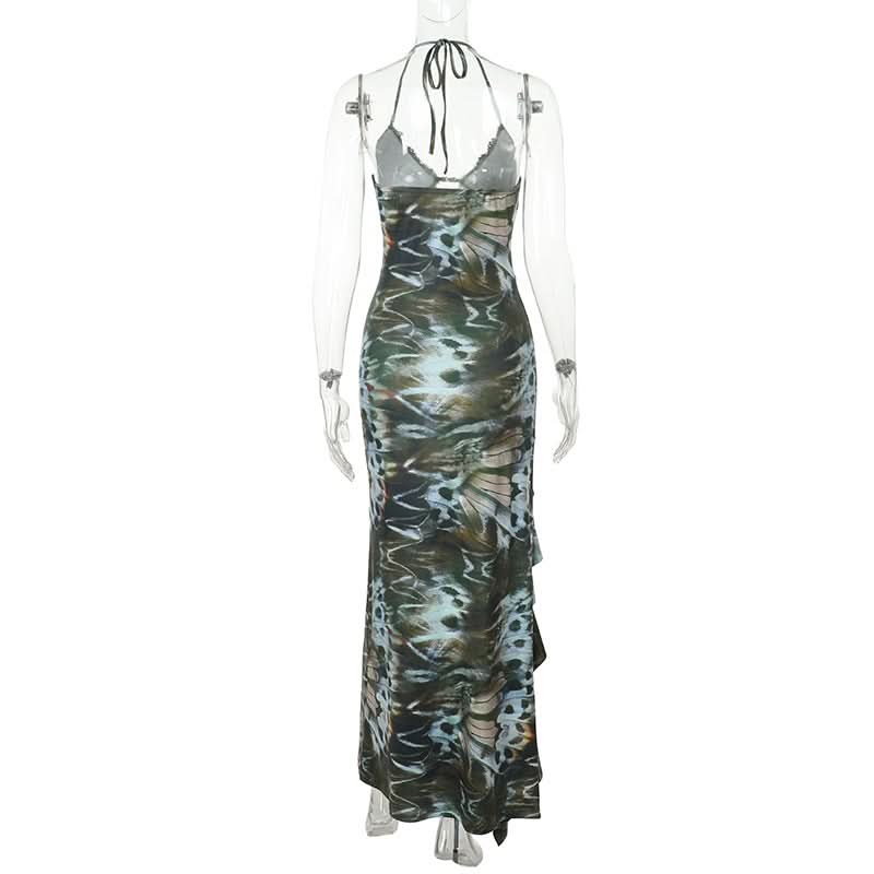 Halter self tie ruffle print v neck maxi dress  | Festival Outfits Women