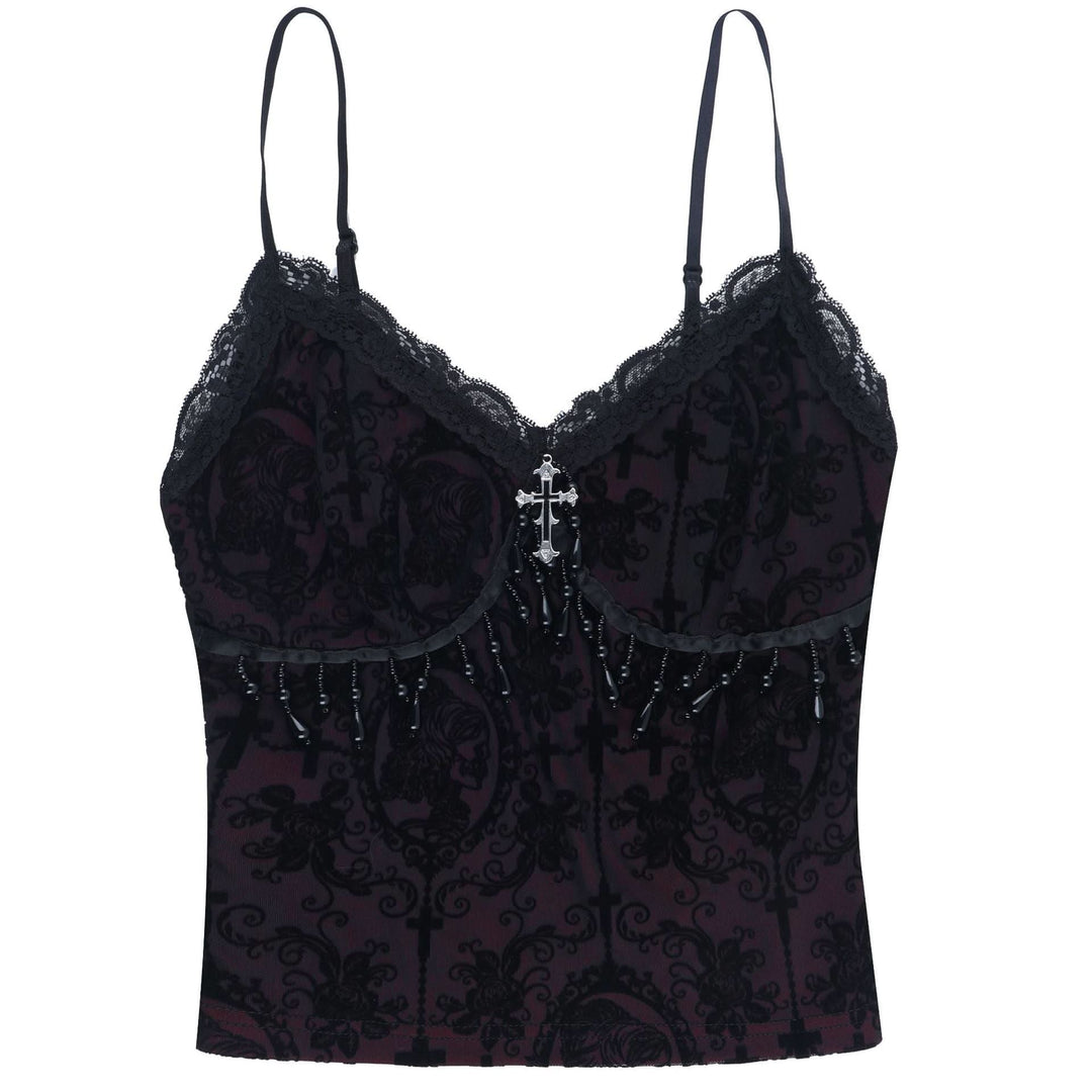 Lace hem v neck beaded print cami top  | Festival Outfits Women