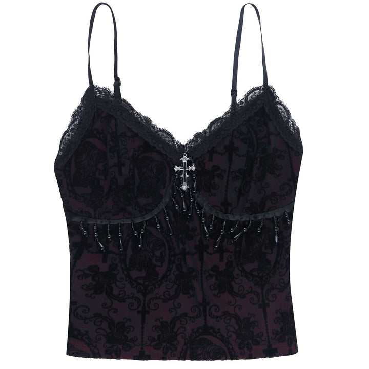 Lace hem v neck beaded print cami top  | Festival Outfits Women