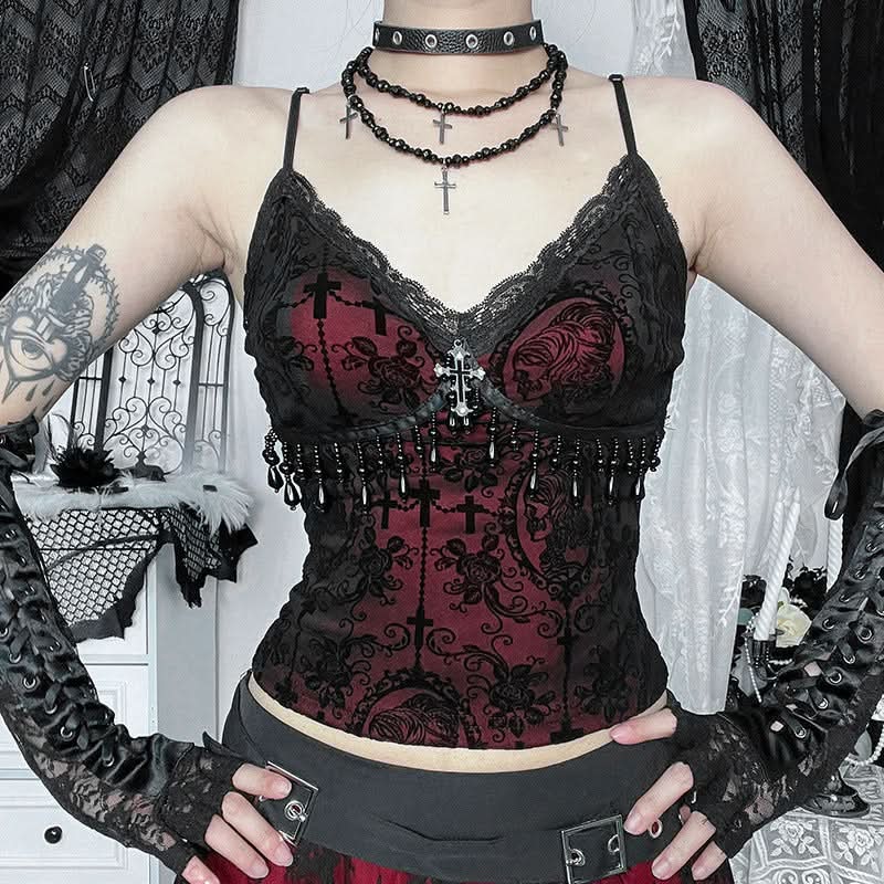 Lace hem v neck beaded print cami top  | Festival Outfits Women