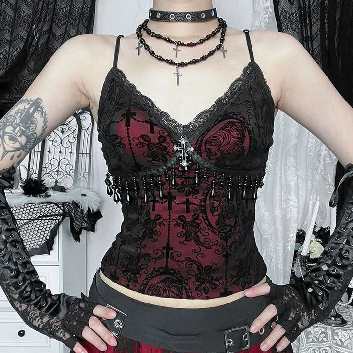 Lace hem v neck beaded print cami top  | Festival Outfits Women