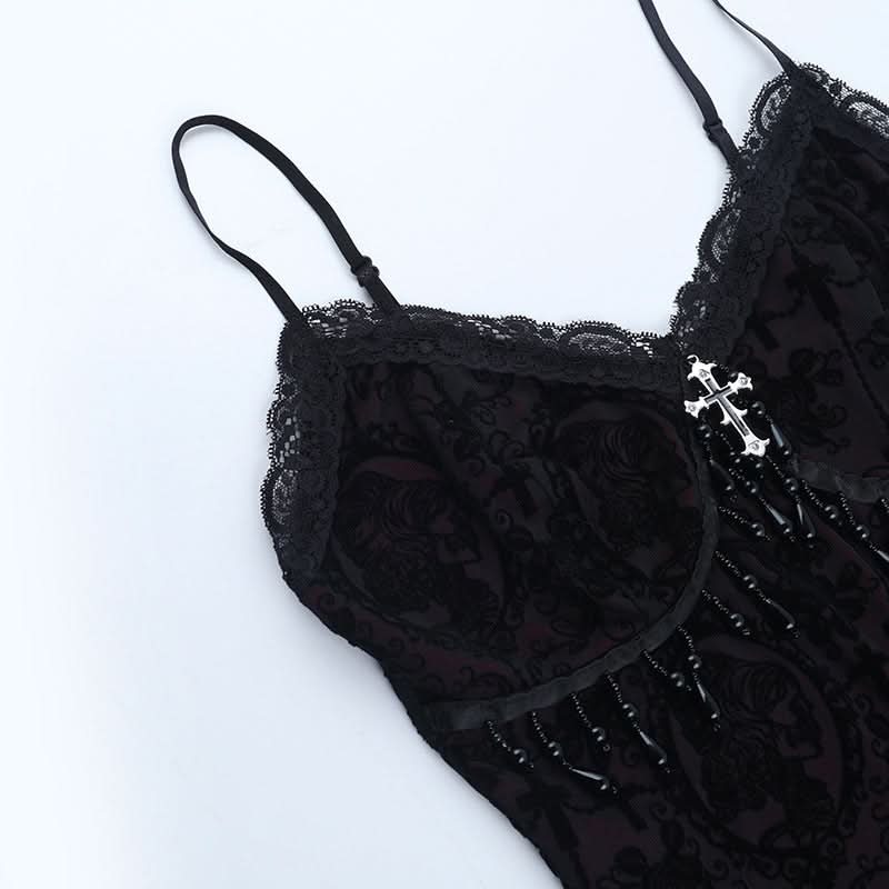 Lace hem v neck beaded print cami top  | Festival Outfits Women